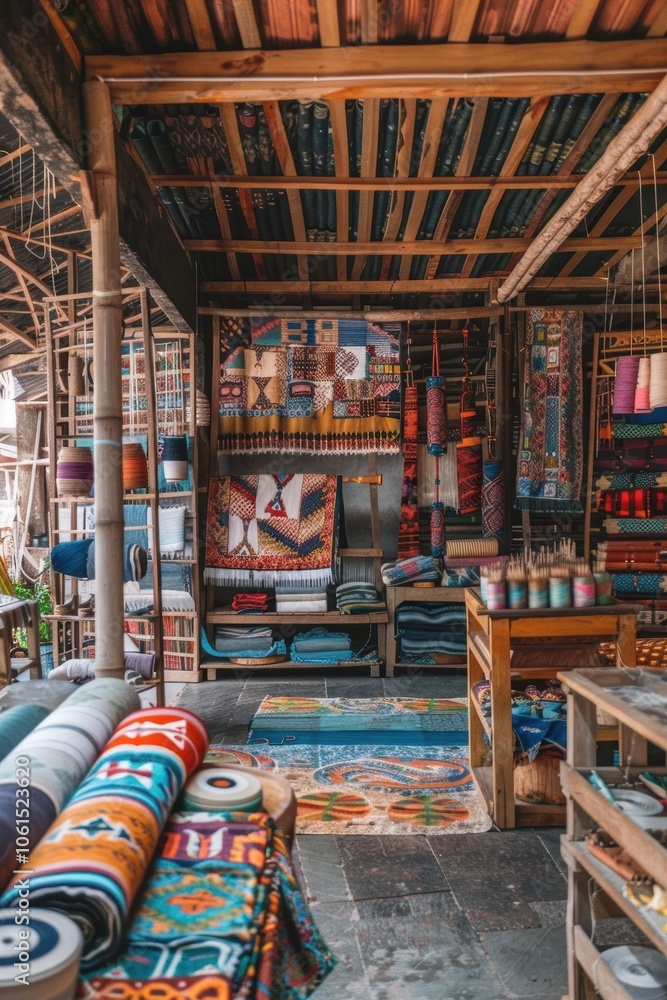 Naklejka premium Artisanal Textile Workshop with Traditional Looms and Colorful Fabrics for Rustic Design