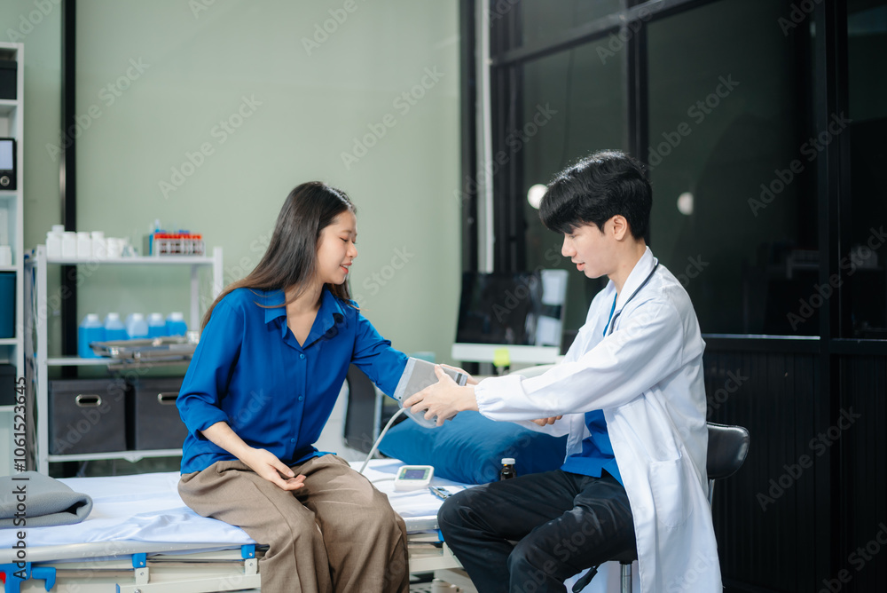 Asian doctor checks female patient's blood pressure in clinic. Asian doctor checks female patient's blood pressure in clinic.