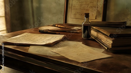 26. A close-up of a writing desk with papers and ink bottle, softened by the warm hues of vintage photography photo