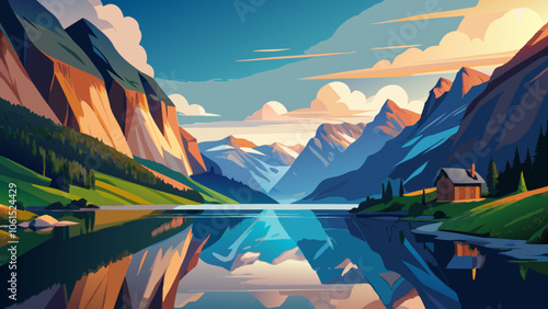 Amazing nature view with fjord and mountains. Beautiful reflection. Location: Scandinavian Mountains, Norway. Artistic picture. Beauty world. The feeling of complete freedom