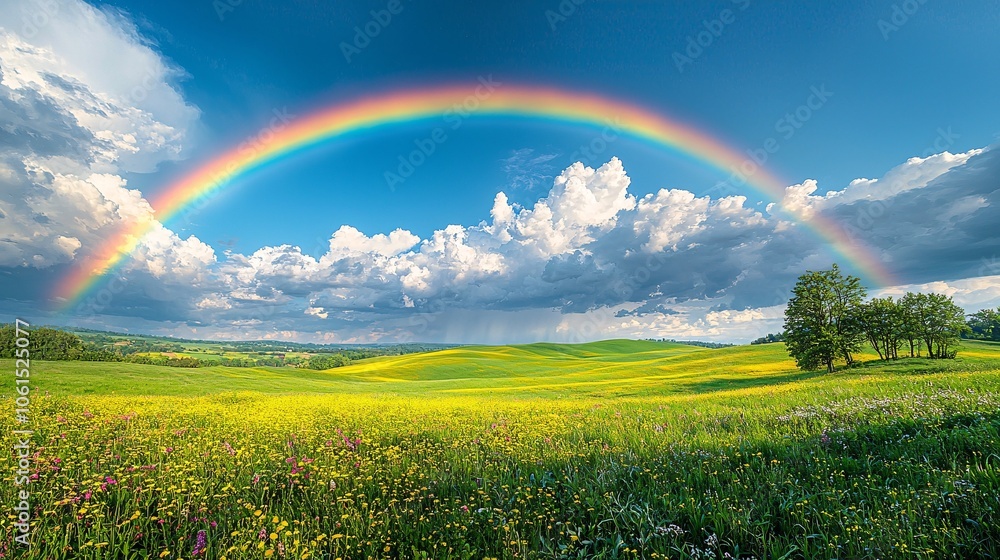 Naklejka premium Rainbow Over Green Meadow with Blue Sky and Fluffy Clouds