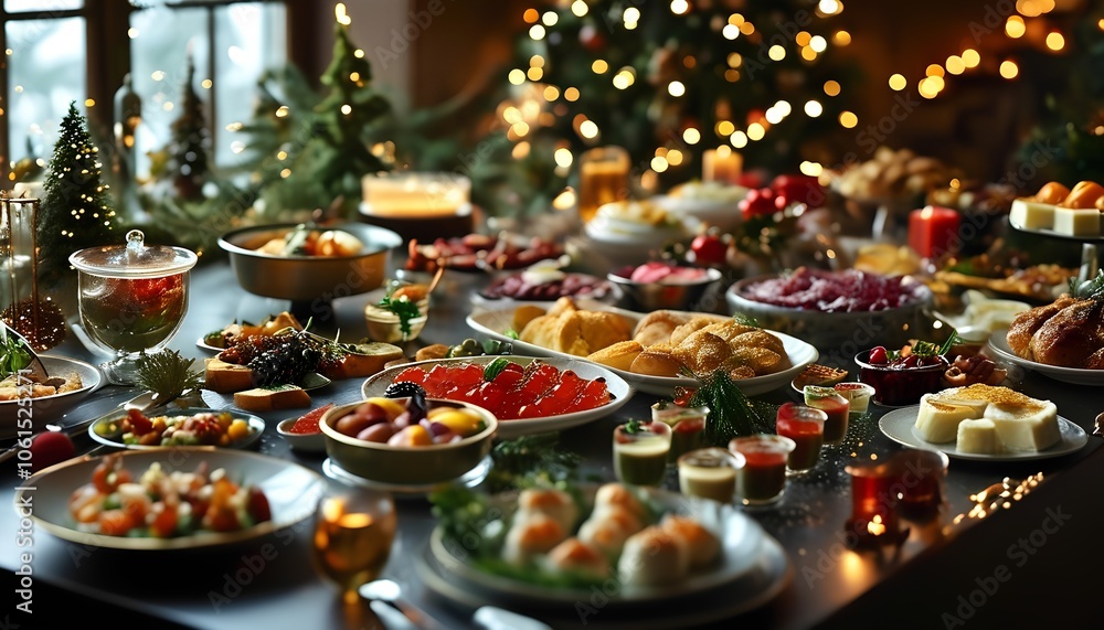 a table full of food and a christmas tree in the background with lights on it and a christmas tree in the background, a table full of food and a christmas tree in the background with lights on it and a christmas tree in the background,