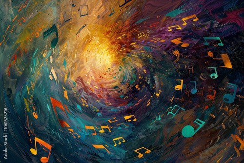 Abstract background with colorful notes in a whirlwind of movement creating an atmosphere of musical magic and dynamism


