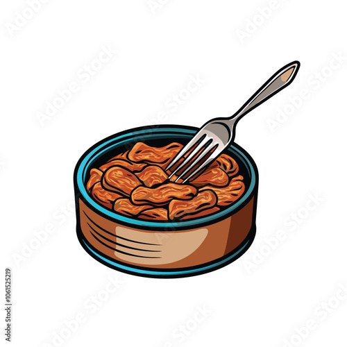 Vector illustration of an opened can of tuna with a fork and a piece of bread on a white background.