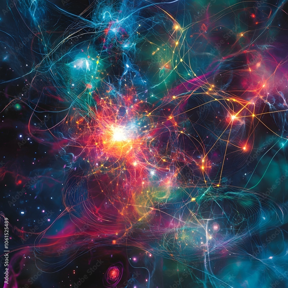 Quantum Information Social Network Glowing Neon Particles Interacting Across Space Time Through Subatomic Bonds Quantum Information Social Network Glowing Neon Particles Interacting Across Space Time Through Subatomic Bonds