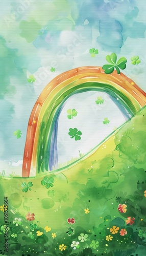 Watercolor-style illustration of a st. patrick's day theme with a rainbow leading to a pot of gold, surrounded by shamrocks on a soft green background. photo