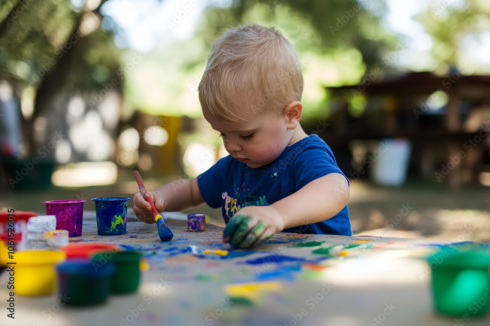 Young child exploring creativity through painting with vibrant colors outdoors during a sunny afternoon Young child exploring creativity through painting with vibrant colors outdoors during a sunny afternoon