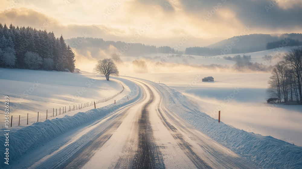 Snow-covered winding road in winter sunlight Snow-covered winding road in winter sunlight