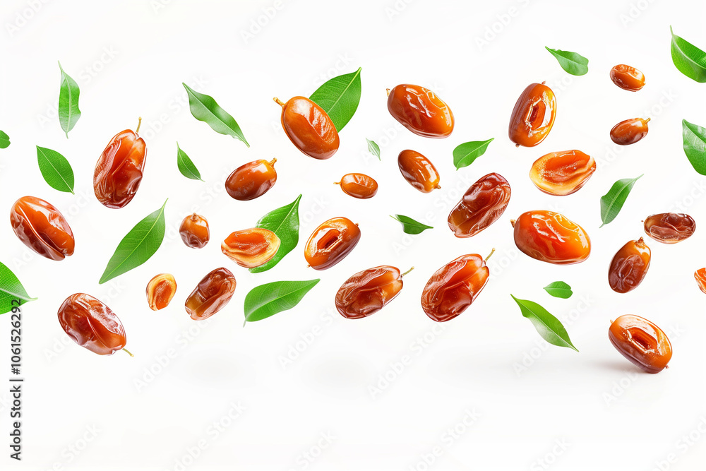 flying fresh date fruits with green leaves isolated on white background. clipping path.
flying fresh date fruits with green leaves isolated on white background. clipping path.