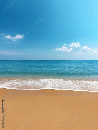 A serene beach scene with golden sand, gentle waves, and a clear blue sky.