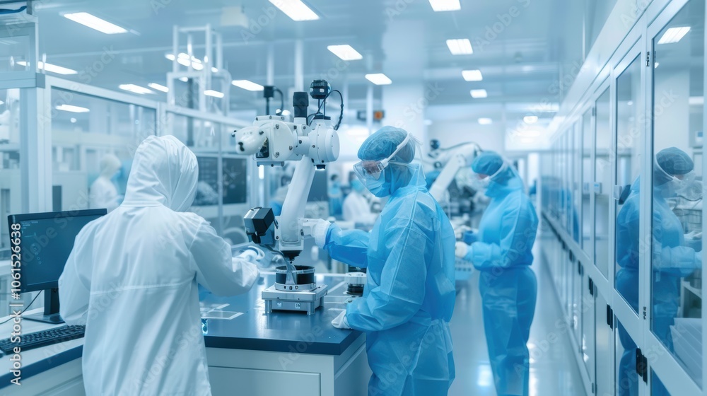 In a high-tech cleanroom, robotic arms meticulously produce bioengineered skin grafts. clad in sterile uniforms, scientists oversee this advanced manufacturing process In a high-tech cleanroom, robotic arms meticulously produce bioengineered skin grafts. clad in sterile uniforms, scientists oversee this advanced manufacturing process