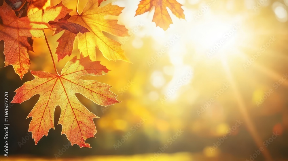 Fototapeta premium Autumn background with maple leaves and bokeh,Fall blurred background, Yellow and red maple leaves are flying and falling down. Autumnal landscape.water drop on leaf,space for text.