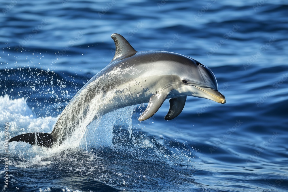 Naklejka premium Dolphin jumping out of the water on a sunny day
