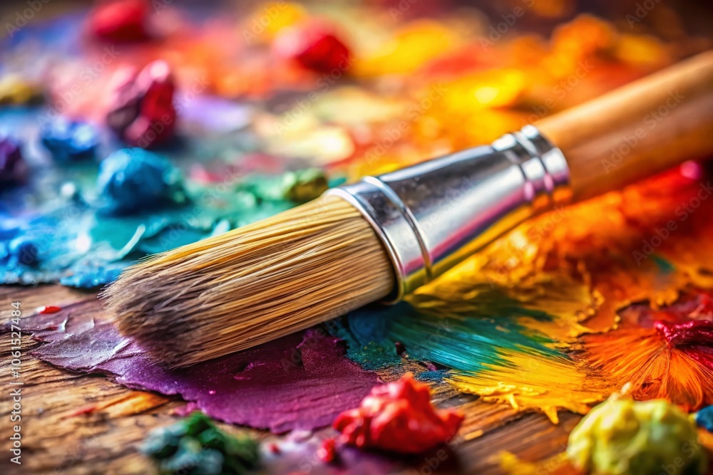 Fototapeta premium Vibrant Paintbrush with Synthetic Bristles on a Colorful Palette, Perfect for Artists and DIY Enthusiasts, Showcasing Versatility, Texture, and Precision in Creative Projects