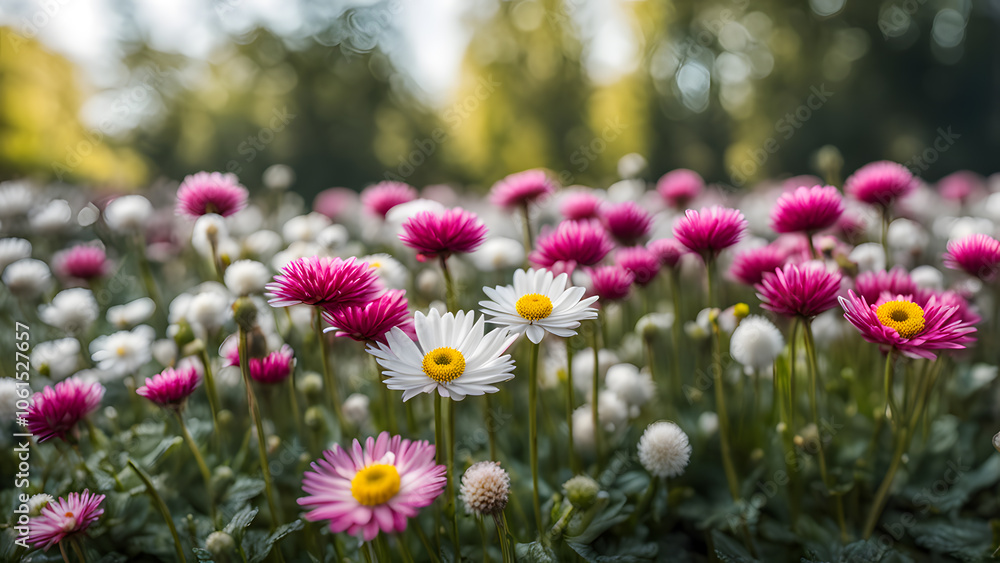 A field of pink and white flowers with a few yellow flowers A field of pink and white flowers with a few yellow flowers