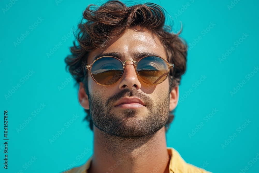 Portrait of confident bearded man wearing sunglasses on turquoise background Portrait of confident bearded man wearing sunglasses on turquoise background