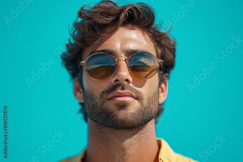 Portrait of confident bearded man wearing sunglasses on turquoise background