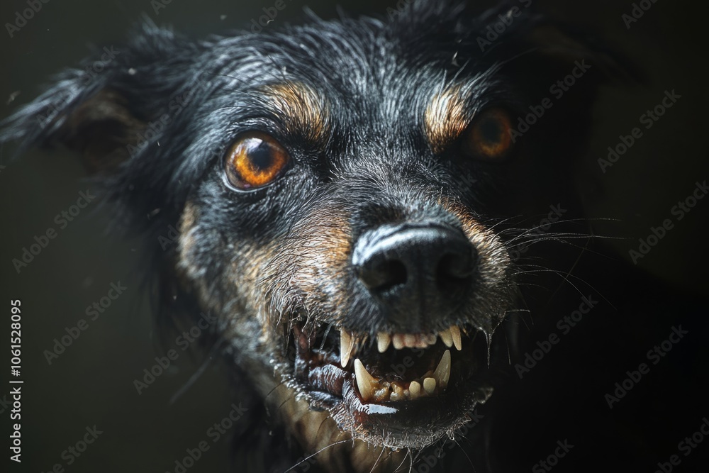 Wet black dog showing teeth and growling Wet black dog showing teeth and growling