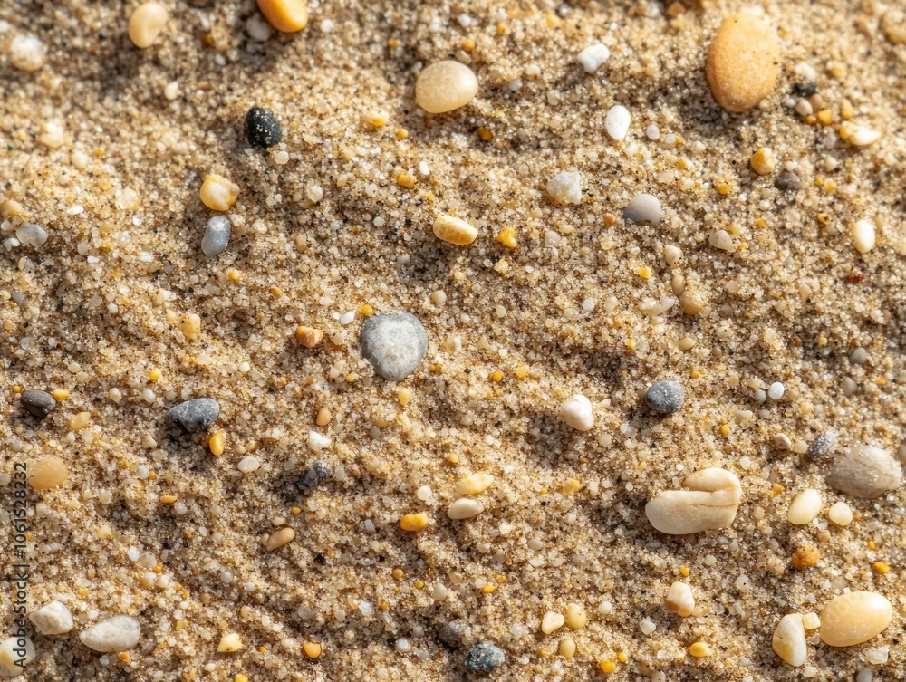 Close-up view of fine sand with various small pebbles and grains. Close-up view of fine sand with various small pebbles and grains.