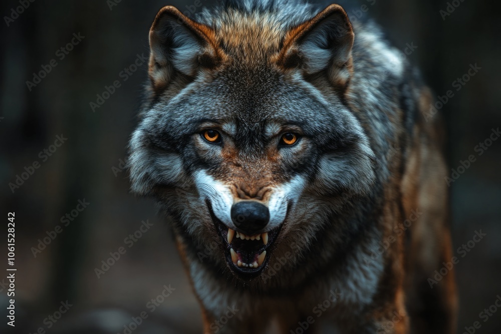 Eurasian wolf showing teeth and growling in forest Eurasian wolf showing teeth and growling in forest