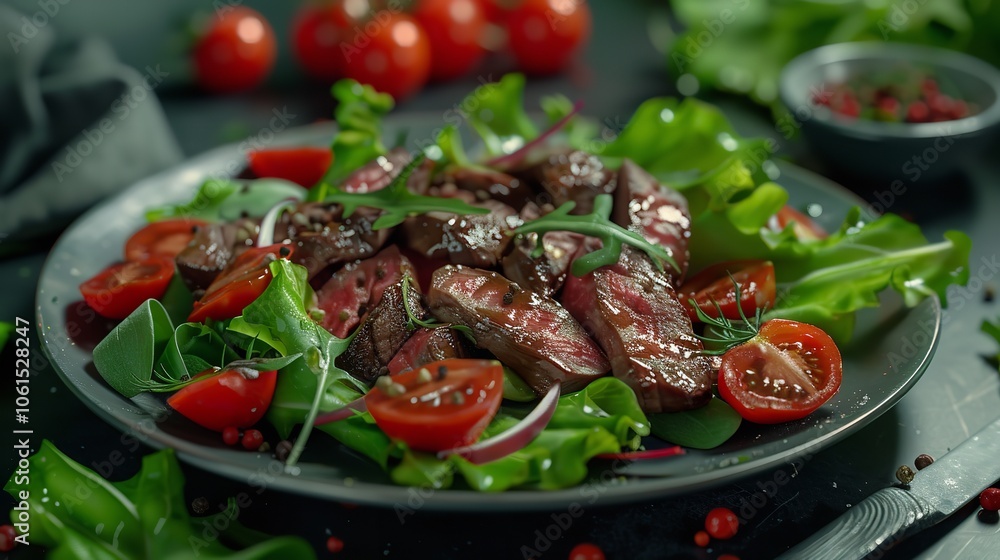 A Plate of Steak Salad with Lettuce and Tomatoes, AI Generated A Plate of Steak Salad with Lettuce and Tomatoes, AI Generated