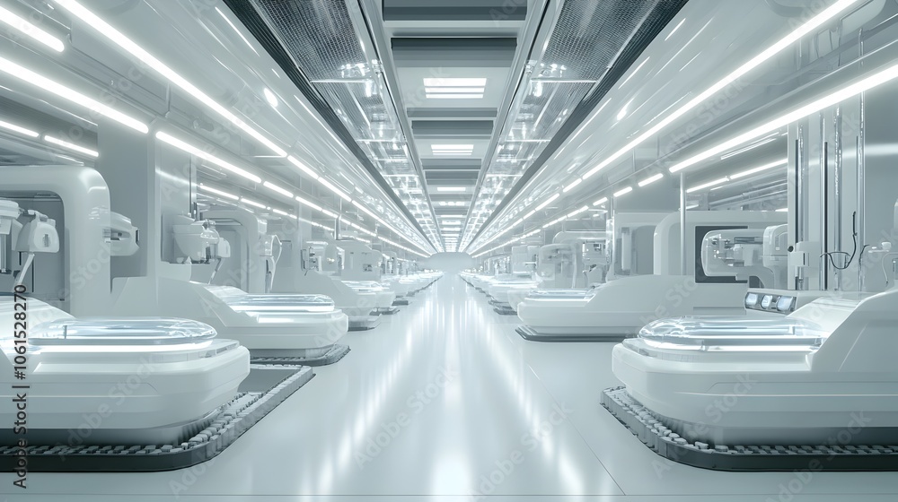 Obraz premium Futuristic Empathy Amplification Device Manufacturing Facility with Sleek Minimalist Interior