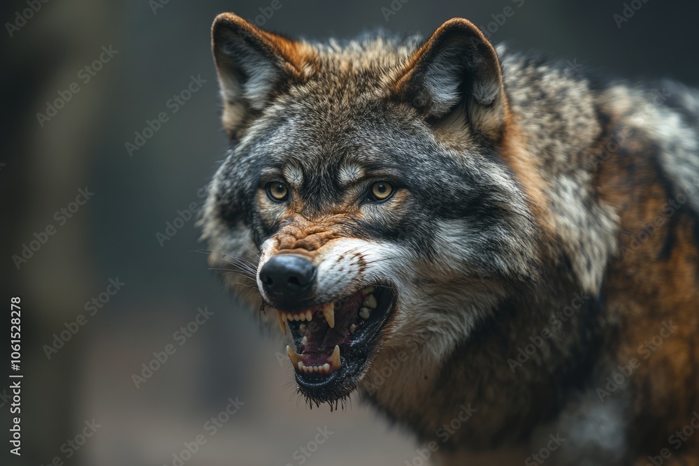 Eurasian wolf showing teeth and snarling in wilderness closeup Eurasian wolf showing teeth and snarling in wilderness closeup