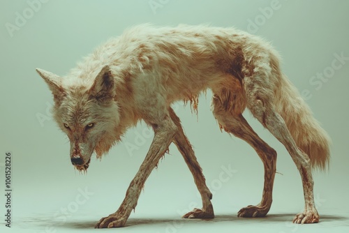 Mangy wolf prowling with blood on its snout