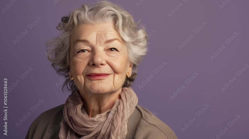 A close-up portrait of an elderly woman with a gentle smile against a muted lavender background. the image captures her kind expression with soft lighting, her serene yet warm demeanor A close-up portrait of an elderly woman with a gentle smile against a muted lavender background. the image captures her kind expression with soft lighting, her serene yet warm demeanor