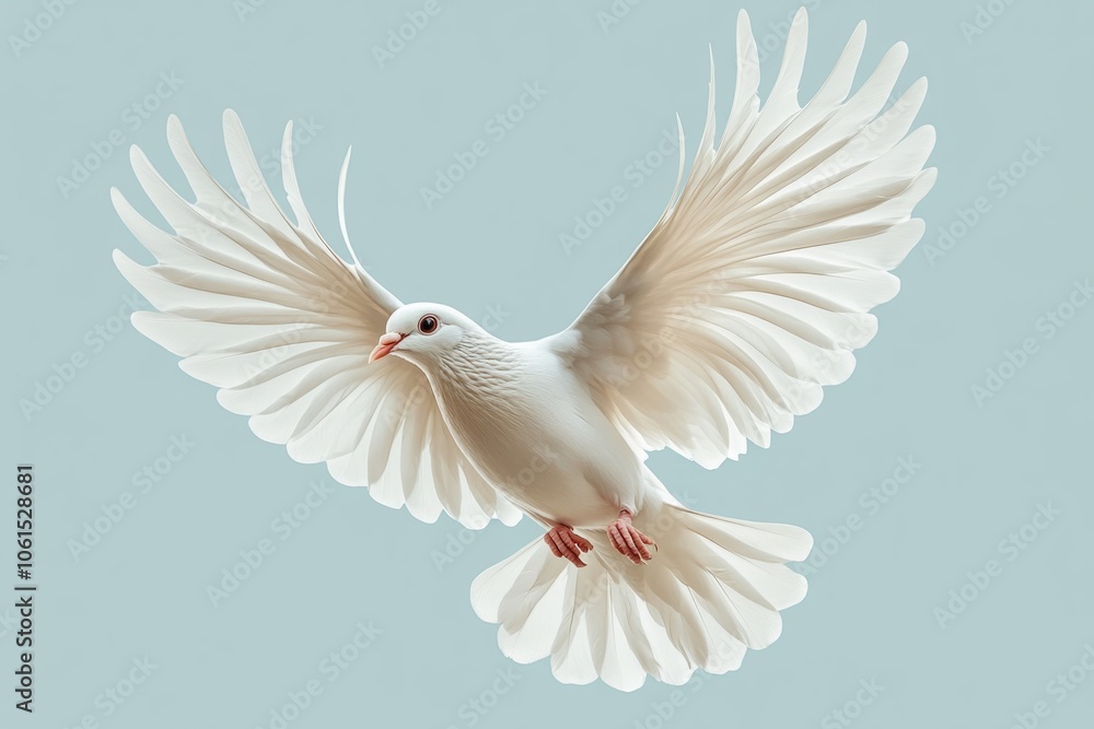 Fototapeta premium White dove flying with open wings symbolizing peace and hope