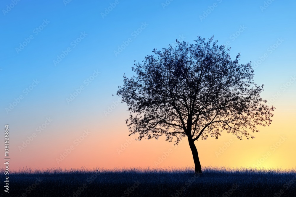 Blooming tree silhouette against a vibrant sunset sky Blooming tree silhouette against a vibrant sunset sky