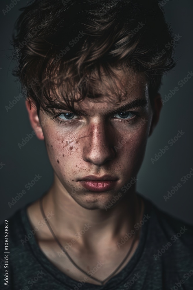Close-up portrait of a young man with a serious expression, highlighted by intense lighting. the dark gray monotone background enhances the striking features and emotional depth Close-up portrait of a young man with a serious expression, highlighted by intense lighting. the dark gray monotone background enhances the striking features and emotional depth