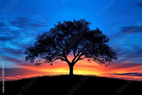 Lonely tree silhouette at sunrise painting a colorful sky