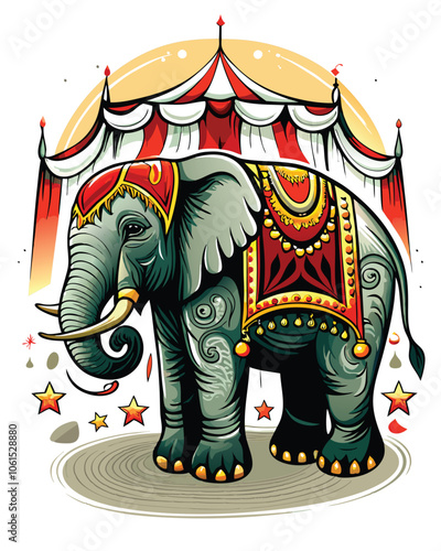 Design a vintage circus poster featuring a majestic elephant, showcasing its strength and grace. Include vibrant colors, bold typography, and circus-themed elements.