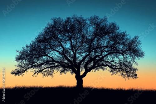 Majestic tree silhouette dominating the colorful sunset sky