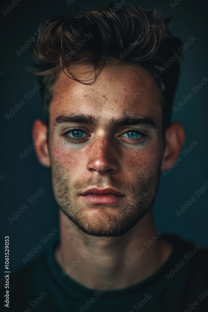 Close-up portrait the intense expression of a young man with sharp features against a deep navy backgound. the dramatic lighting enhances the boldness of the scene, creating a striking visual impact. Close-up portrait the intense expression of a young man with sharp features against a deep navy backgound. the dramatic lighting enhances the boldness of the scene, creating a striking visual impact.