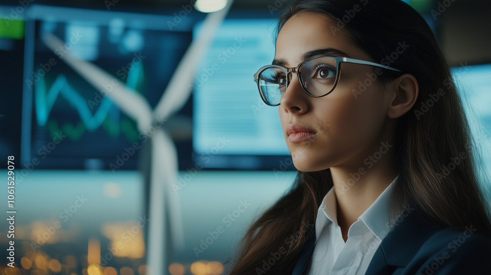 Female engineer explaining wind turbine mechanics, 3D model and green energy data projections around the team Female engineer explaining wind turbine mechanics, 3D model and green energy data projections around the team