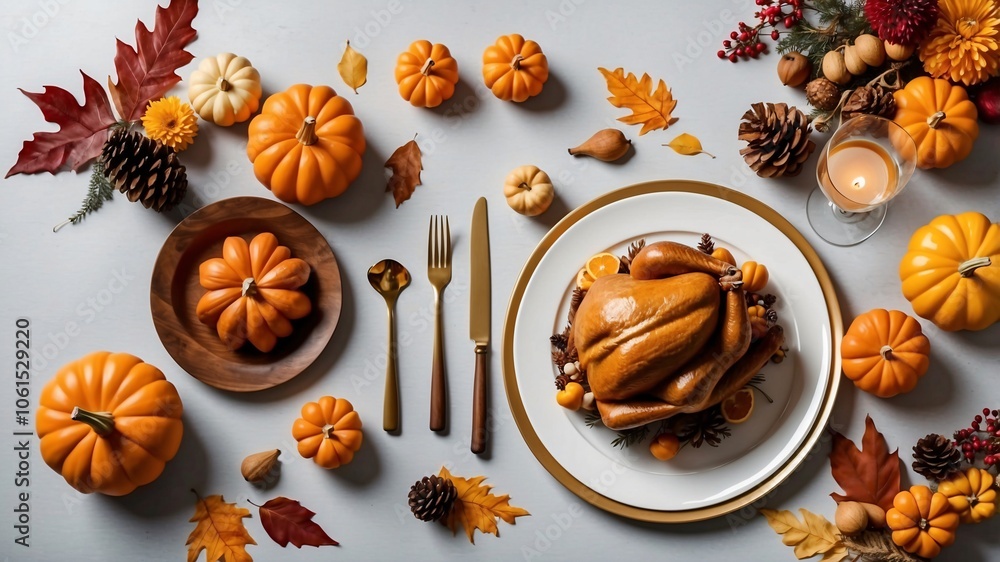 Thanksgiving Table Setting with Roasted Turkey Thanksgiving Table Setting with Roasted Turkey