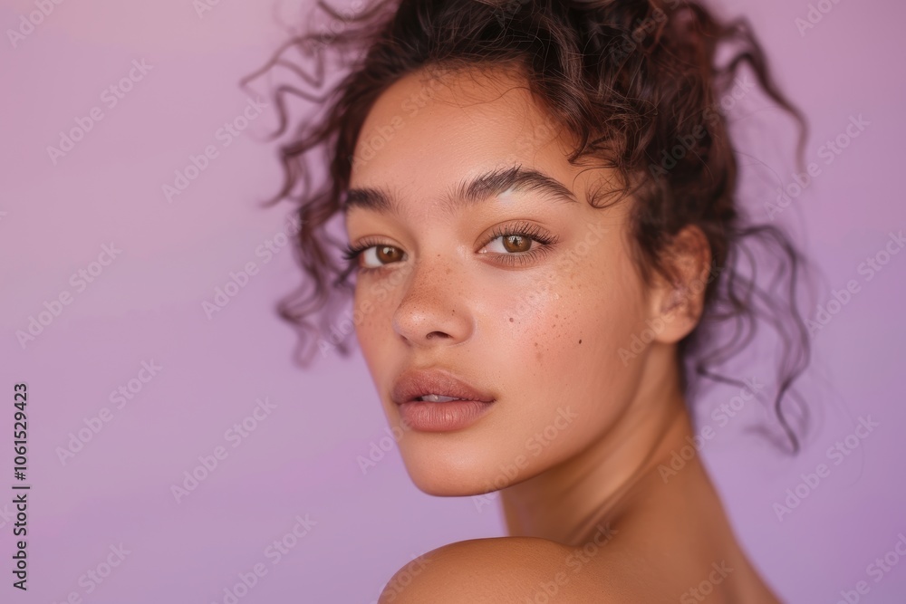 Close-up portrait of a young woman showcasing flawless skin and minimal makeup against a soft lavender backdrop. the clean, light setting emphasizes her natural beauty Close-up portrait of a young woman showcasing flawless skin and minimal makeup against a soft lavender backdrop. the clean, light setting emphasizes her natural beauty
