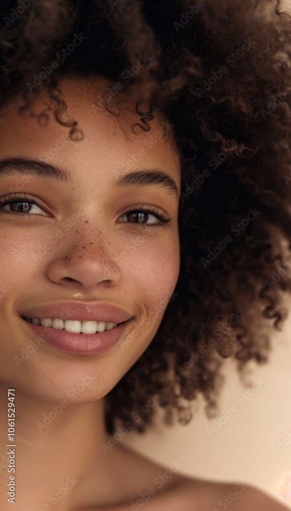 Radiant young woman with natural curly hair and a warm smile, set against a light beige background. the soft lighting accentuates her features Radiant young woman with natural curly hair and a warm smile, set against a light beige background. the soft lighting accentuates her features