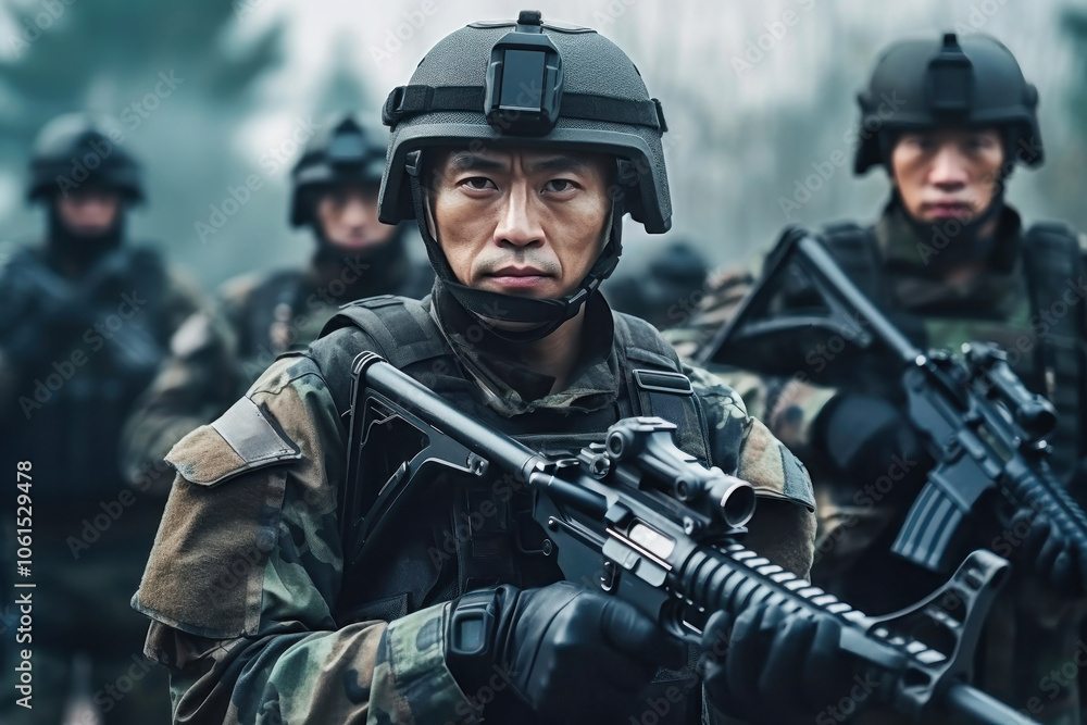 Chinese soldier in military gear stands with comrades during a training exercise in a forested area, showcasing readiness and discipline Chinese soldier in military gear stands with comrades during a training exercise in a forested area, showcasing readiness and discipline