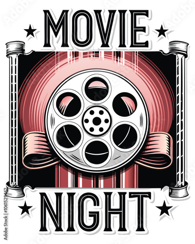 A vintage movie night poster with a film reel as the centerpiece, surrounded by movie-themed graphics and text.