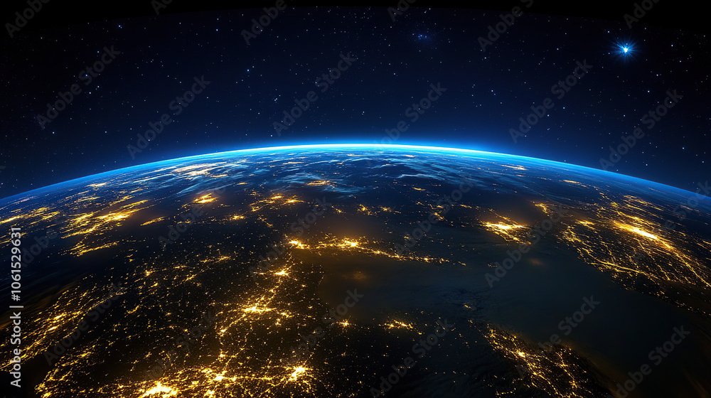 Obraz premium Beautiful blue planet Earth with glowing lights and stars seen from space, wide angle