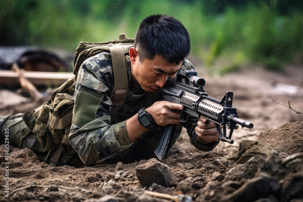 Chinese soldier in combat position, aiming a rifle on the ground during a training exercise in a forested area amidst natural surroundings Chinese soldier in combat position, aiming a rifle on the ground during a training exercise in a forested area amidst natural surroundings