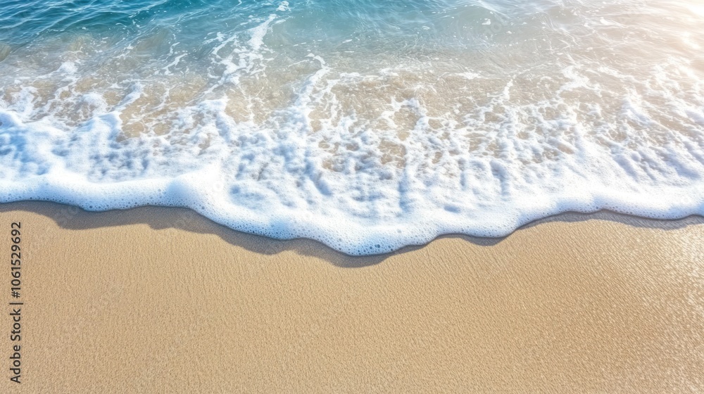 Gentle waves lapping at a sandy beach under bright sunlight. Gentle waves lapping at a sandy beach under bright sunlight.