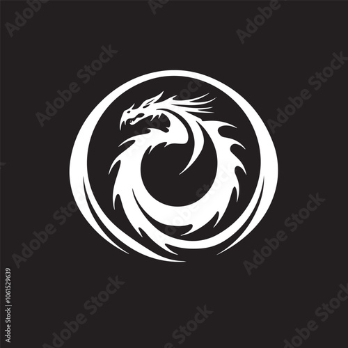Stylized Black Dragon in Circle logo or icon on White Background