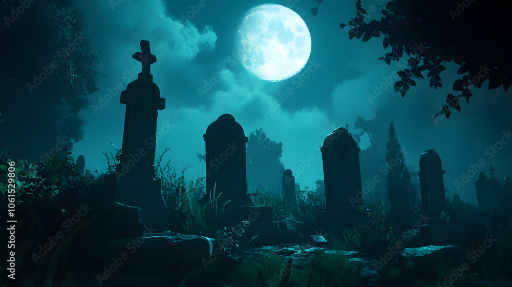 A shadowy graveyard under a full moon, where silhouettes of tombstones cast long shadows. A shadowy graveyard under a full moon, where silhouettes of tombstones cast long shadows.