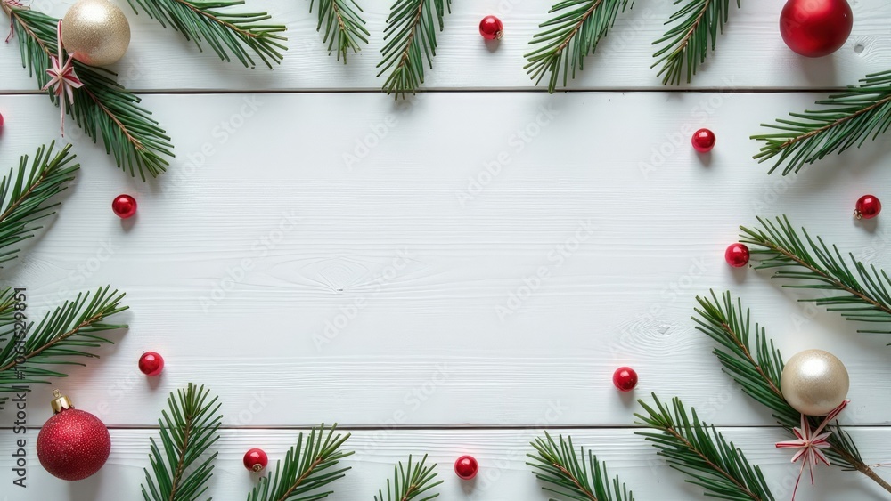 Christmas background with white wooden, Christmas tree branches, red balloons, frame. Top down view. Copy space Christmas background with white wooden, Christmas tree branches, red balloons, frame. Top down view. Copy space