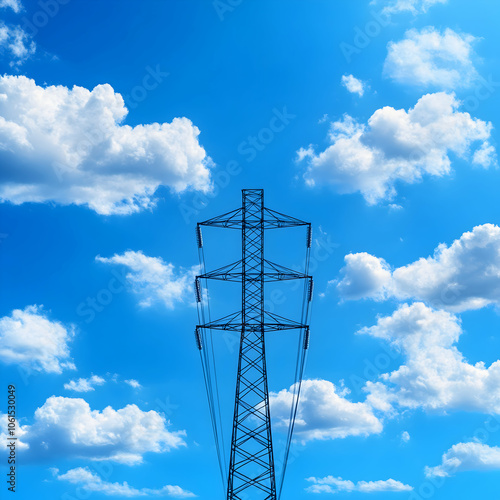 Electric tower against a bright blue sky with white clouds. photo