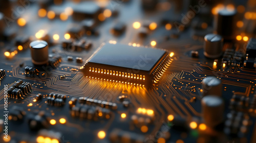 Microchip on circuit board with glowing connections.